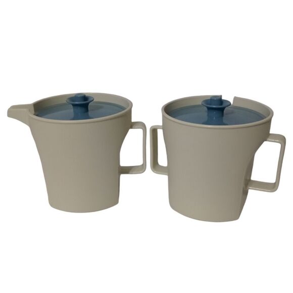 Tupperware Creamer Sugar Bowl Set Almond Blue Lids Retro 1415-2 & 1414-2 Vintage - Picture 10 of 16